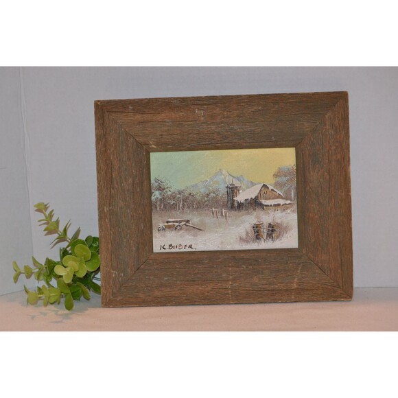Vintage Signed Oil Painting K. Beiber Rustic Primitive Landscape Framed - Picture 2 of 4